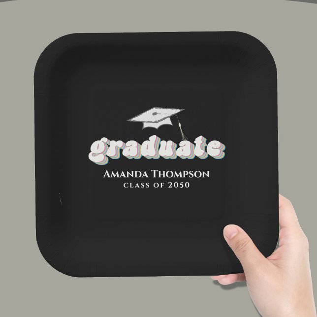 Graduation Black Graduate Retro Typography Simple Paper Plates (Elegant black and gold graduate script party plates for modern graduation celebration decor)