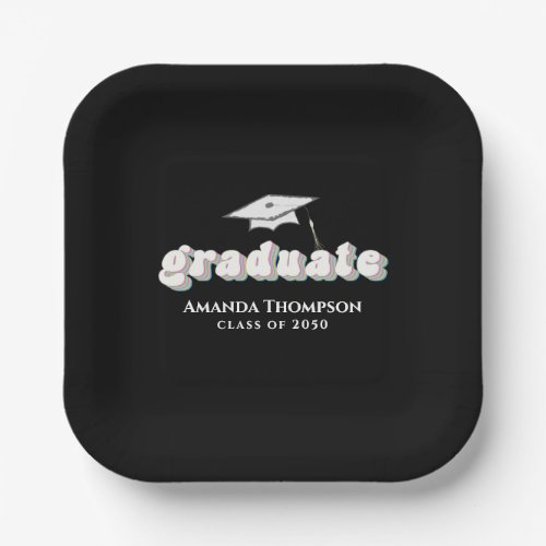 Graduation Black Graduate Retro Typography Simple Paper Plates
