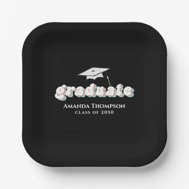 Graduation Black Graduate Retro Typography Simple Paper Plates (Front)