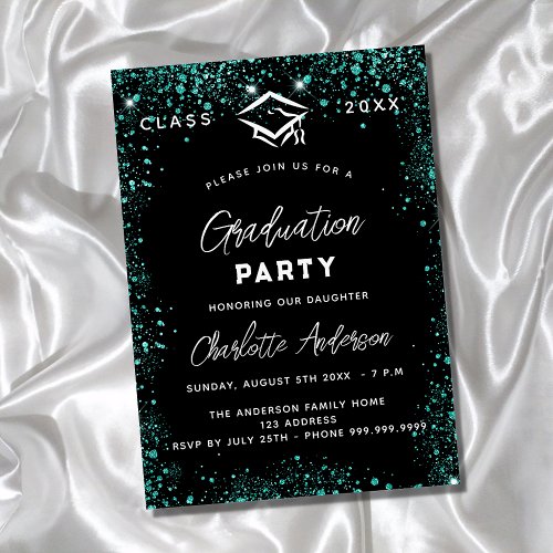 Graduation black green teal glitter script invitation postcard