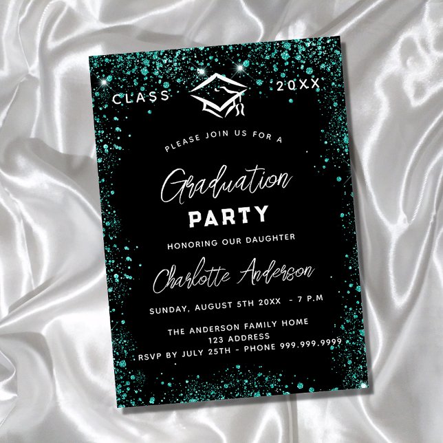 Graduation black green teal glitter script invitation postcard (Creator Uploaded)