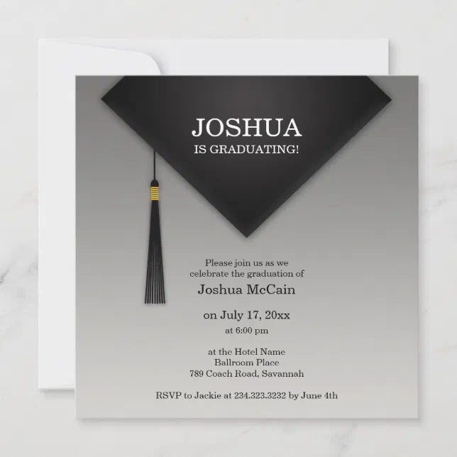 Graduation Black Hat Elegant Flat Invitation | Zazzle