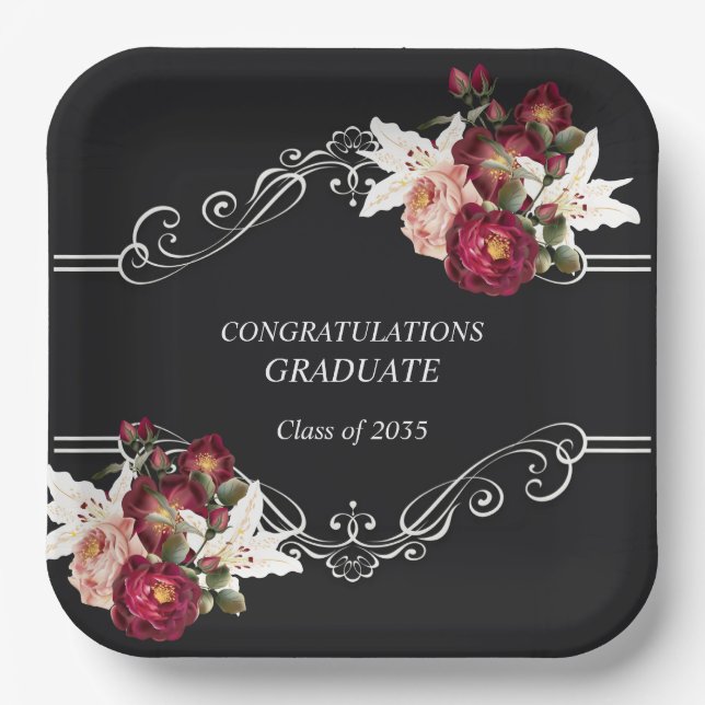 Graduation Black Pretty Red Roses Lilies  Paper Plates (Front)