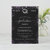 Graduation black purple violet glitter luxury invitation (Standing Front)