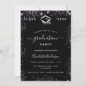 Graduation black purple violet glitter luxury invitation (Front)
