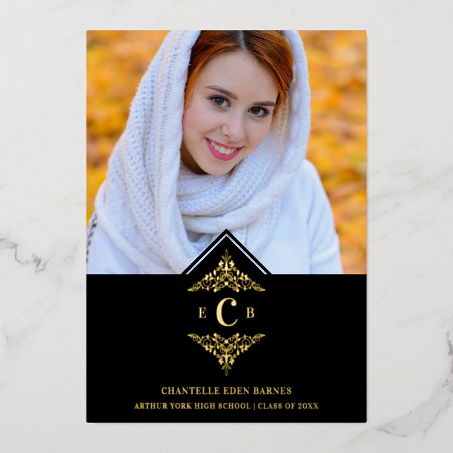 Graduation Black Real Golden Chic Lace Romantic Foil Invitation (Front)
