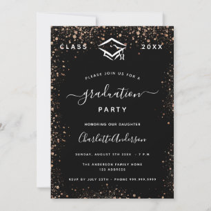 Graduation black rose gold sparkles invitation