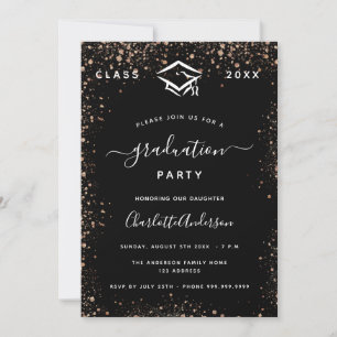 Graduation black rose gold sparkles invitation