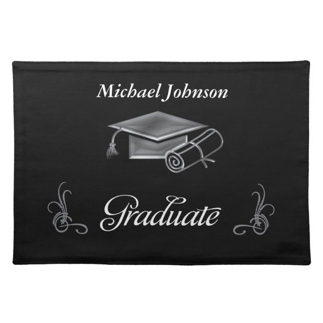 Graduation Black & Silver 3D Look, Cap & Diploma Cloth Placemat (Front)