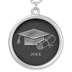 Graduation Black & Silver 3D Look, Cap & Diploma Plated Necklace