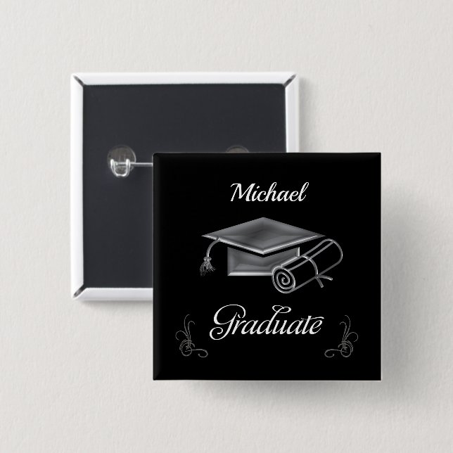 Graduation Black & Silver, Cap & Diploma Button (Front & Back)