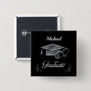 Graduation Black & Silver, Cap & Diploma Button