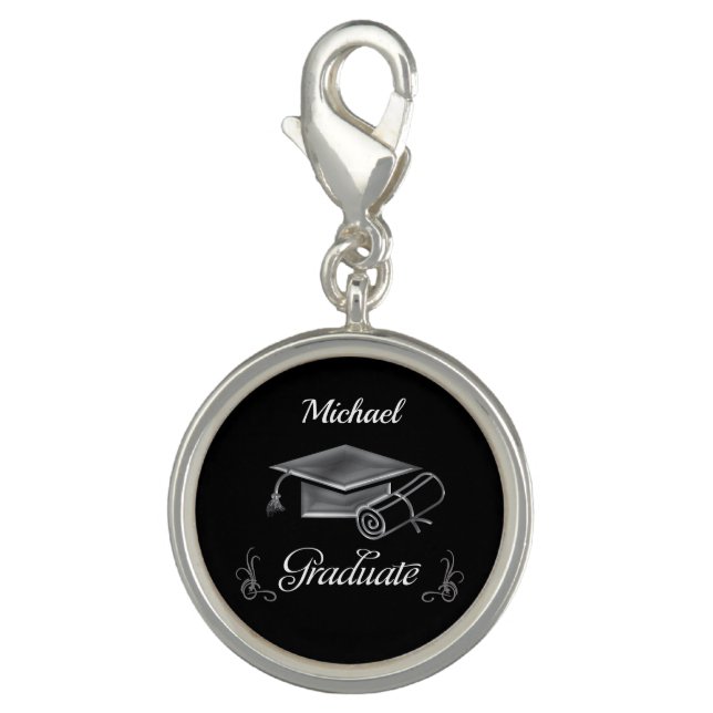 Graduation Black & Silver, Cap & Diploma Charm (Front)