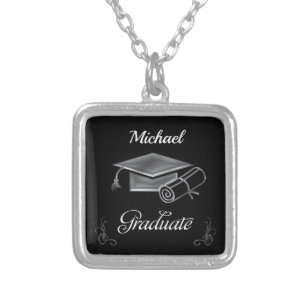 Graduation Black & Silver, Cap & Diploma Silver Plated Necklace