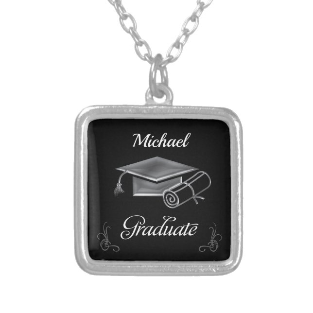 Graduation Black & Silver, Cap & Diploma Silver Plated Necklace (Front)