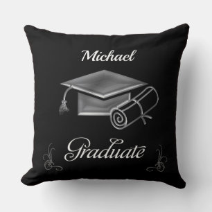 Graduation Black & Silver, Cap & Diploma Throw Pillow