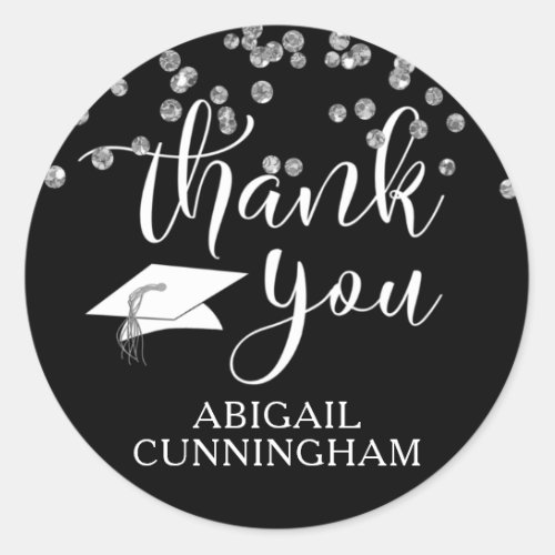 Graduation Black Silver Confetti Script THANK YOU Classic Round Sticker