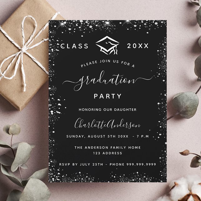 Graduation black silver glitte glamorous invitation postcard (Creator Uploaded)