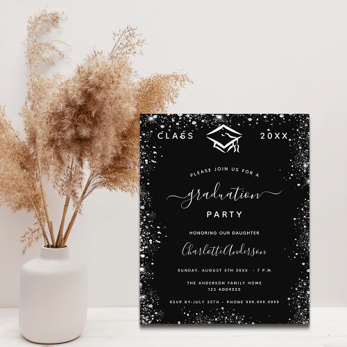 Graduation black silver glitter budget invitation flyer