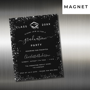 Graduation black silver glitter luxury magnetic invitation