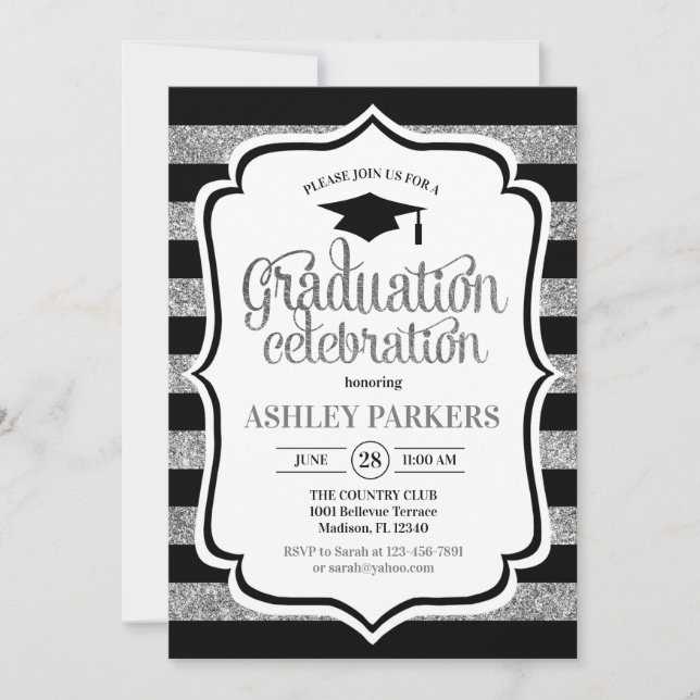 Graduation - Black Silver Stripes Invitation (Front)