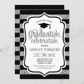 Graduation - Black Silver Stripes Invitation (Front/Back)