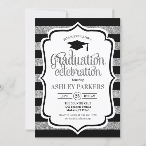 Graduation _ Black Silver Stripes Invitation