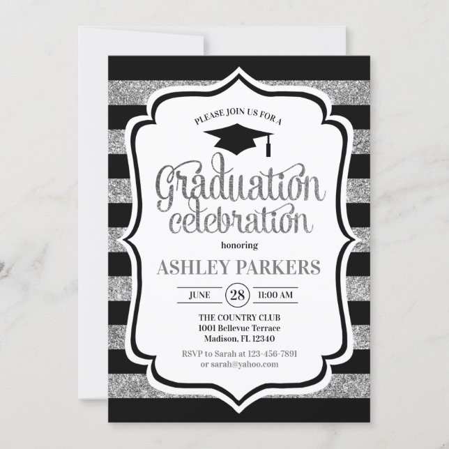 Graduation - Black Silver Stripes Invitation (Front)