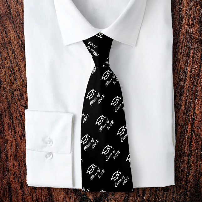 Graduation Black White Cap Icon Pattern Class Year Neck Tie (Creator Uploaded)