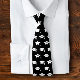 Graduation Black White Cap Icon Pattern Keepsake Neck Tie