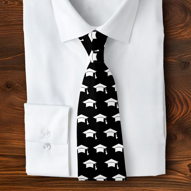 Graduation Black White Cap Icon Pattern Keepsake Neck Tie (Creator Uploaded)