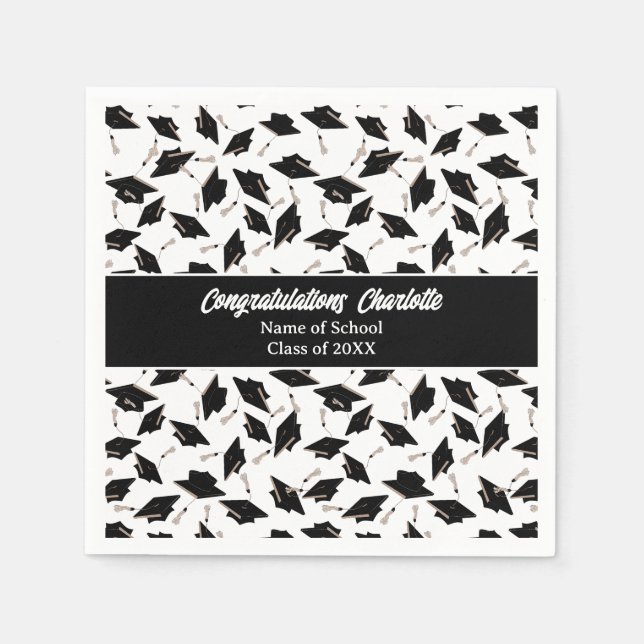 Graduation Black White Caps Party Supplies Napkins (Front)