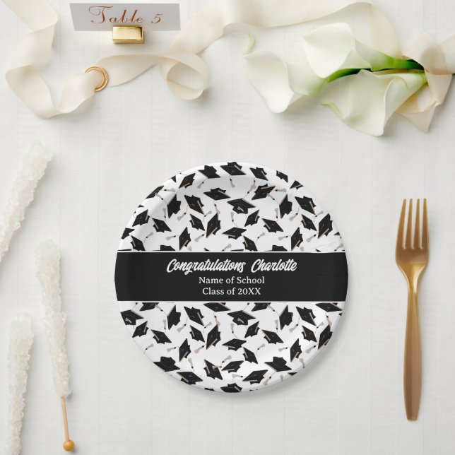 Graduation Black White Caps Party Supplies Paper Plates (Wedding)