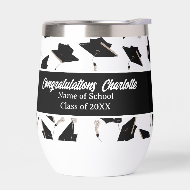 Graduation Black White Caps Party Supplies Thermal Wine Tumbler (Left)