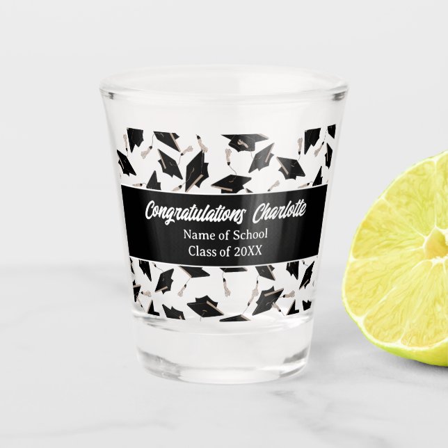 Graduation Black White Caps Personalized Shot Glass (Front)
