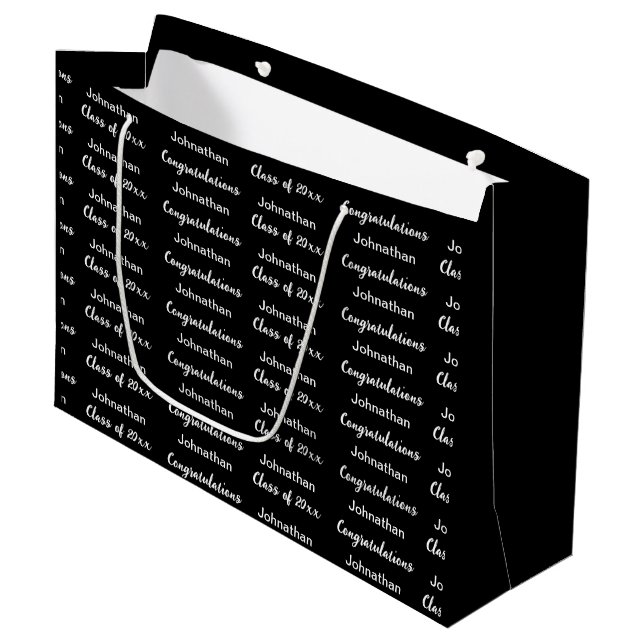 Graduation Black White Congratulations Grad's Name Large Gift Bag (Front Angled)