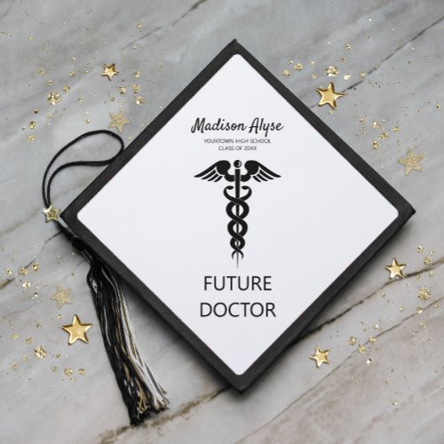 Graduation Black White Future Doctor Caduceus Graduation Cap Topper