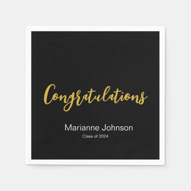 Graduation Black White Gold Congratulations Name Napkins (Front)