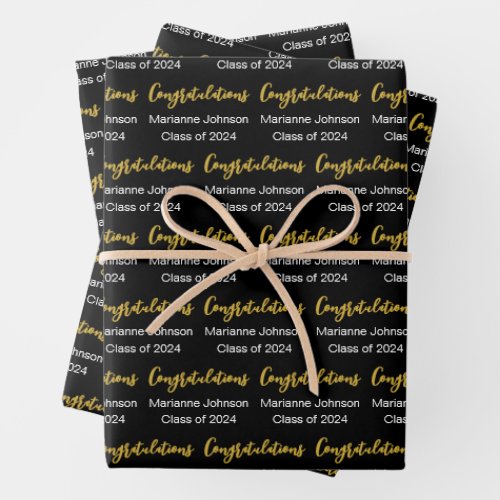 Graduation Black White Gold Congratulations Name Wrapping Paper Sheets
