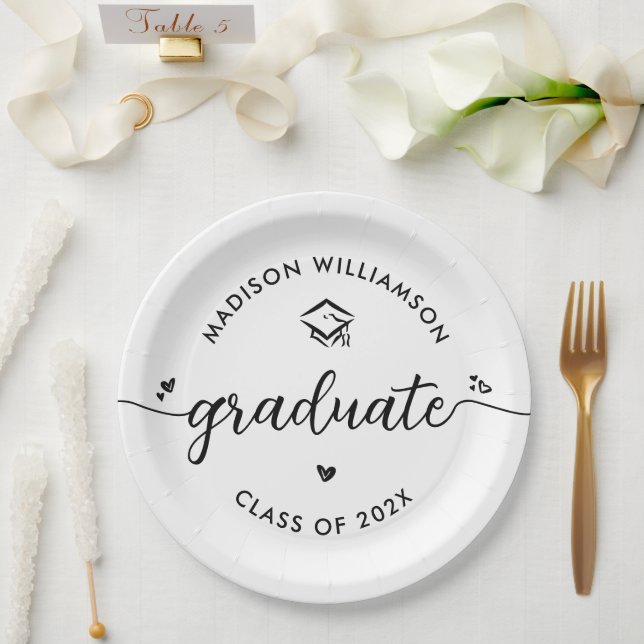 Graduation Black White Script Hearts Cap Modern Paper Plates (Wedding)