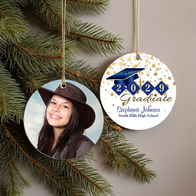 Graduation Blue and Gold 20xx Photo Ceramic Ornament (Graduation Blue and Gold Photo Ceramic Ornament)
