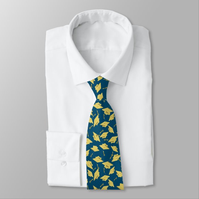 Graduation Blue and Gold Caps in the Air Neck Tie (Tied)