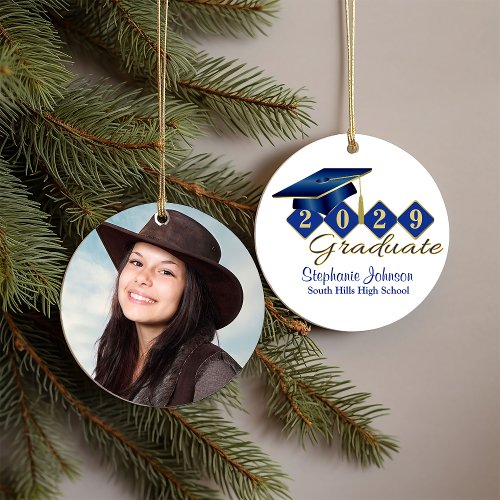 Graduation Blue and Gold Classic 20XX Photo Ceramic Ornament