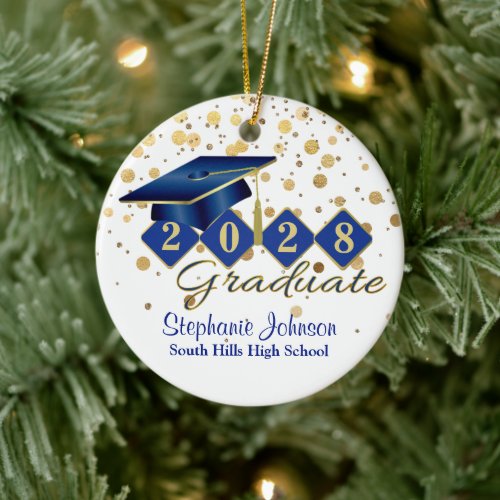 Graduation Blue and Gold Confetti Ceramic Ornament