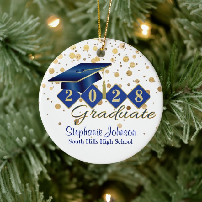 Graduation Blue and Gold Confetti Ceramic Ornament (Tree)