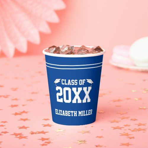 Graduation Blue and White Grad Name Class of 2025 Paper Cups