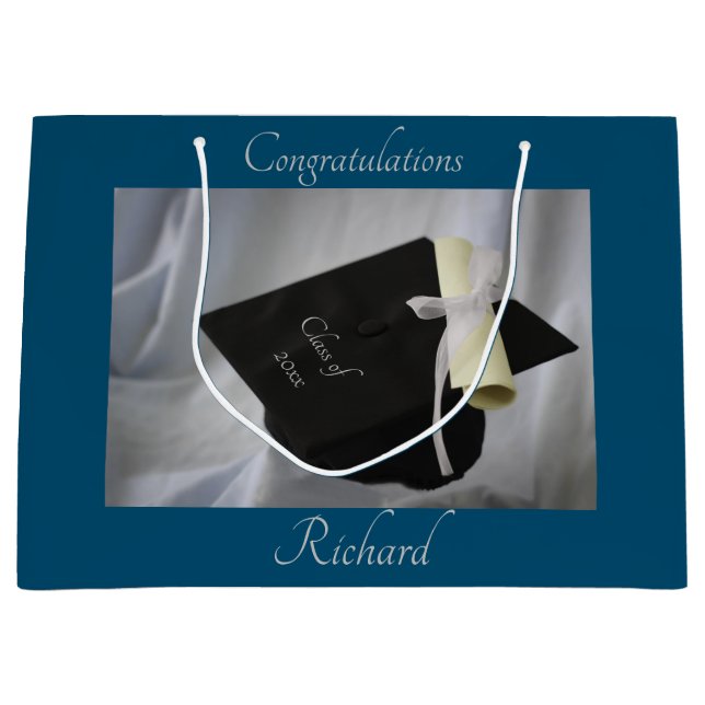 Graduation Blue Cap & Diploma Personalized Large Gift Bag (Front)
