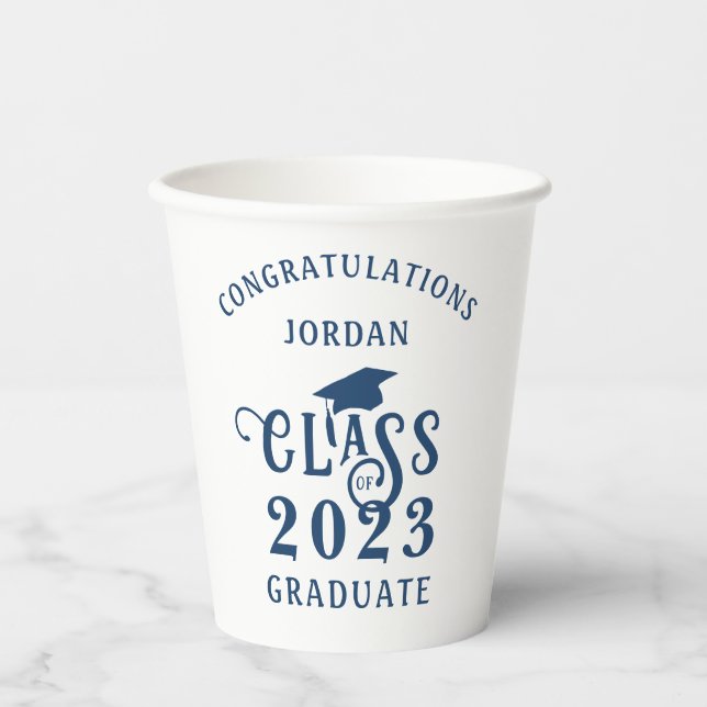 Graduation Blue Class Year Congrats Name Paper Cups (Front)