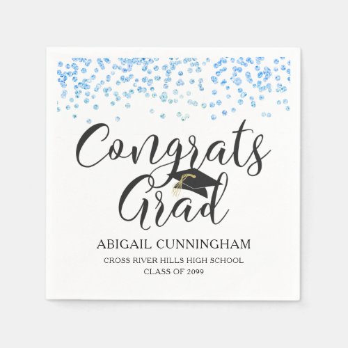 Graduation Blue Confetti CONGRATS GRAD Name Napkins