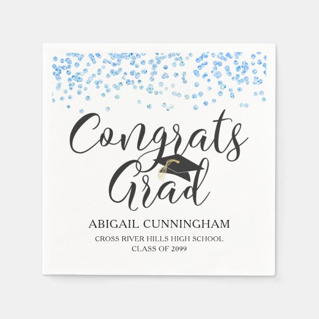Graduation Blue Confetti CONGRATS GRAD Name Napkins (Front)